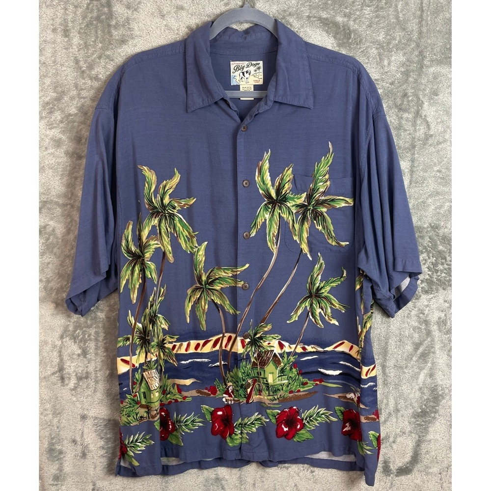 Big Dogs Hawaiian Shirt Mens L Blue Aloha Tropical Beachy Summer Rayon Tiki